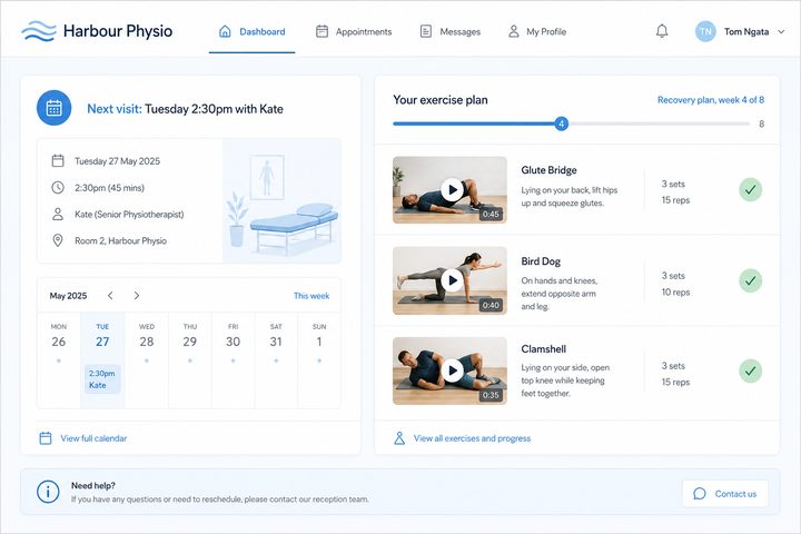 A physiotherapy clinic's booking and exercise plan, built in Rilo