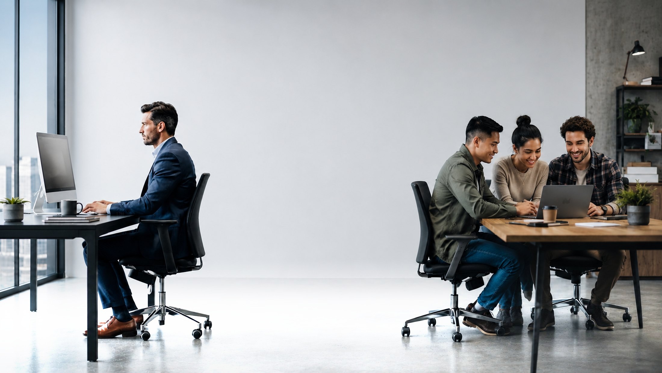 People working together in an office, one at a desktop and three around a laptop