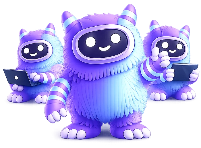 Three Rilo minions: furry purple characters with visor faces, two working on a laptop and a tablet